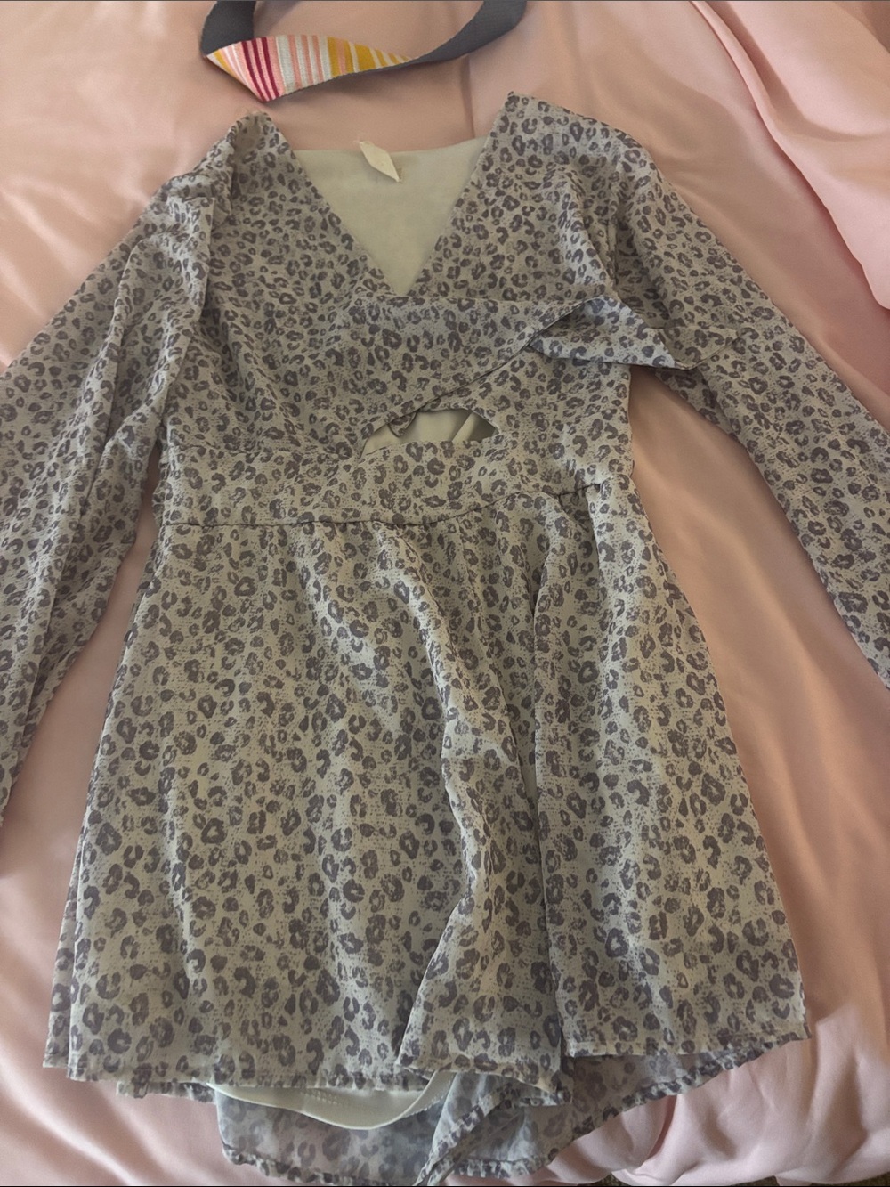 Altar'd State Grey Leopard Print Long-Sleeve Wrap Dress